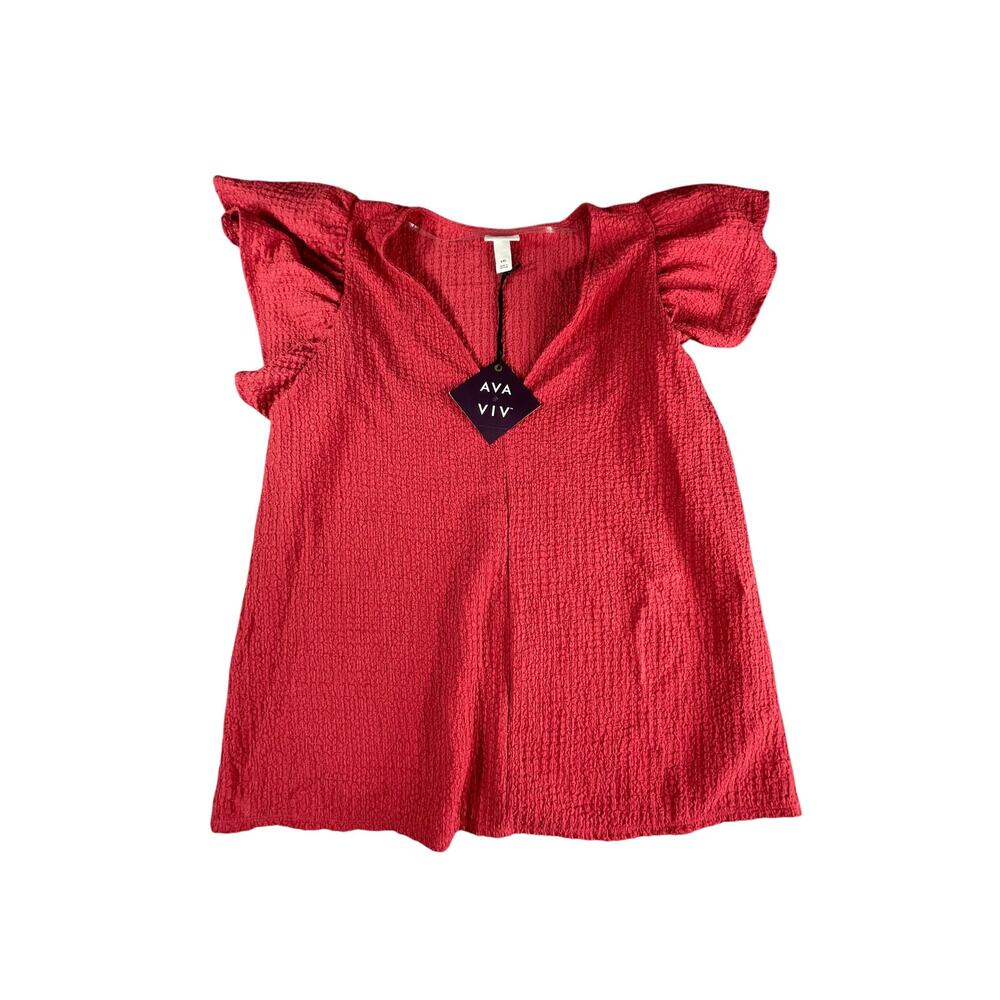 Ava & Viv Shirt Womens XXL 2XL Pink Red Flutter Sleeve Plus Size Textured NWT